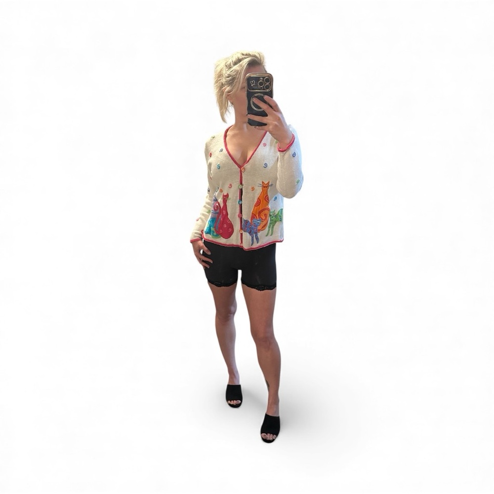 Vintage Y2K Era Timberlea Colorful & Chaotic Cat Embroidered Cardigan Medium - Picture 9 of 9